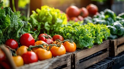 Fresh Farm Vegetables Tomatoes Lettuce Wooden Crates,