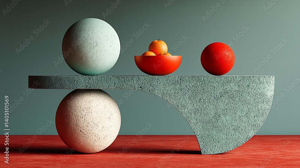 Poster abstract still life with spheres and bowl of fruit balanced on a platform