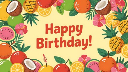 Happy birthday! A tropical fruit themed birthday card with pineapples, coconuts, and other summer fruits.