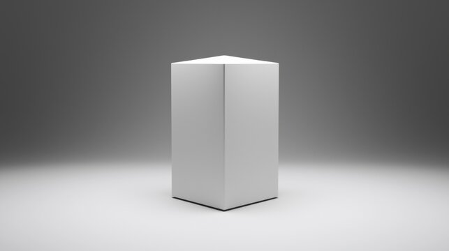 A white cube with a triangular top sits on a white surface.
