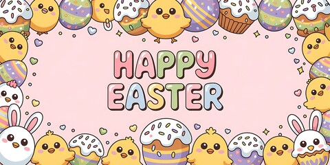 Fototapeta premium Happy Easter! Cute chicks, eggs, and Easter cakes create a festive border.