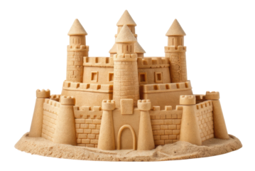 Sandcastle masterpiece built on a beach during a sunny summer day for family fun and enjoyment