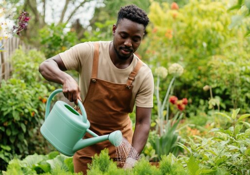 Young African American man watering plants in a lush garden