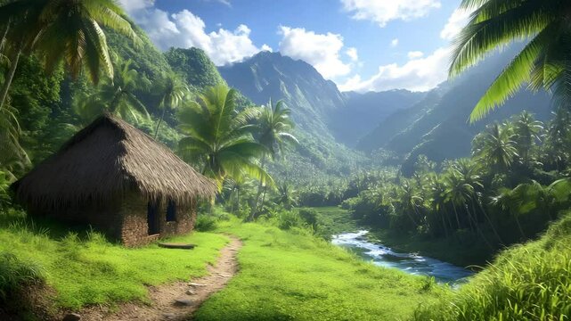Exploring Tropical Landscape Hut in Verdant Valley Lush Nature Scene