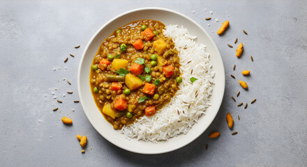Hearty Lentil Curry Served With Basmati Rice On A Plate