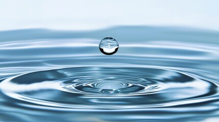 A single water droplet in mid-air, about to impact a surface of water.