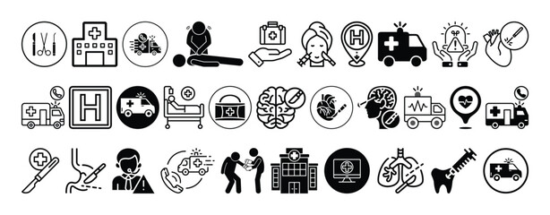 Hospital, Emergency Services, Ambulance, First Aid, Medical and Surgery icon set collection vector design.