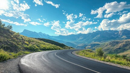 Winding road through mountain landscape under a clear sky