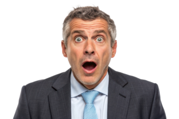 Surprised businessman expressing shock in a formal suit with a tie during a surprising event in a professional setting