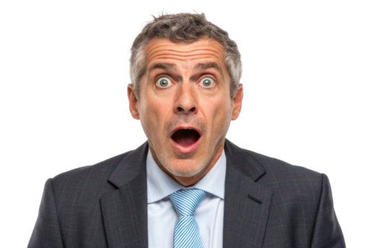 Surprised businessman expressing shock in a formal suit with a tie during a surprising event in a professional setting