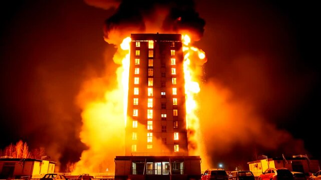 High-rise apartment building fully engulfed in flames at night