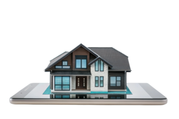 Digital model of a modern house on a tablet showcasing innovative architecture and design technology