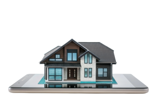 Digital model of a modern house on a tablet showcasing innovative architecture and design technology