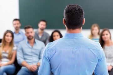 Fototapeta premium Male speaker addressing adults in classroom. business seminar or educational workshop context