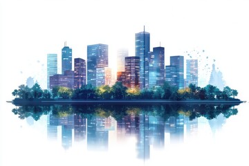 Obraz premium Modern City Skyline Reflected in Water Tranquil Urban Scene