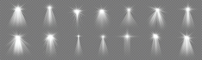 star with spotlight. Light effect white color. Glowing isolated white sparkling light effect. Spark spotlight special effect design. Ray vector element.