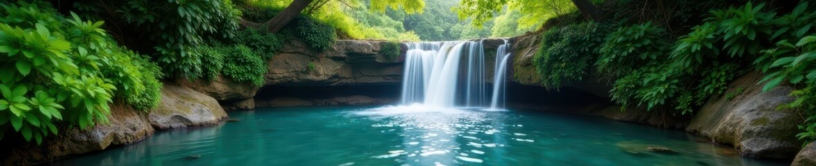 Obraz premium Serene waterfall's cascade fills tranquil jungle pool, waterfall, water