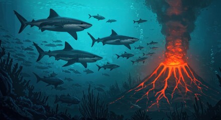 Fototapeta premium Shark School Over Volcanic Vent