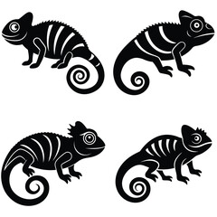 Isolated black and white cartoon animals including zebra and tiger silhouettes