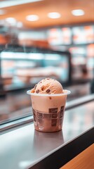 A scoop of chocolate chip ice cream in a disposable cup.