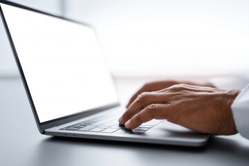 Hands typing on laptop keyboard in bright modern workspace, digital work and communication concept