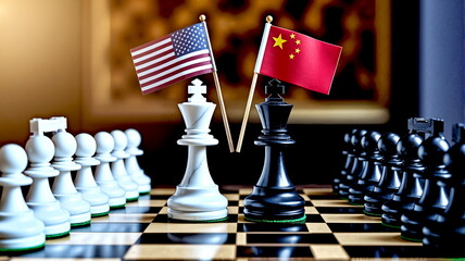 Chessboard, US flag next to the white king, China flag next to the black one. Geopolitical chess, trade war.