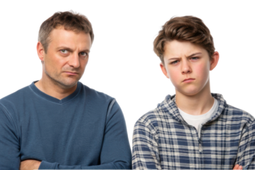 Father and son sharing a serious moment of disagreement in casual attire at home