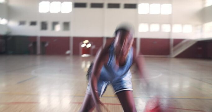 Athlete, black woman and dribble basketball with sports training, competition practice and court game. Player, motion and energy with fitness skills for challenge, workout match and speed performance