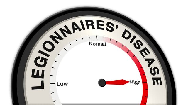 Legionnaires' Disease text or word shown with a barometer or tachometer-style gauge, representing varying levels of severity in pneumonia caused by Legionella bacteria and its impact on lung function