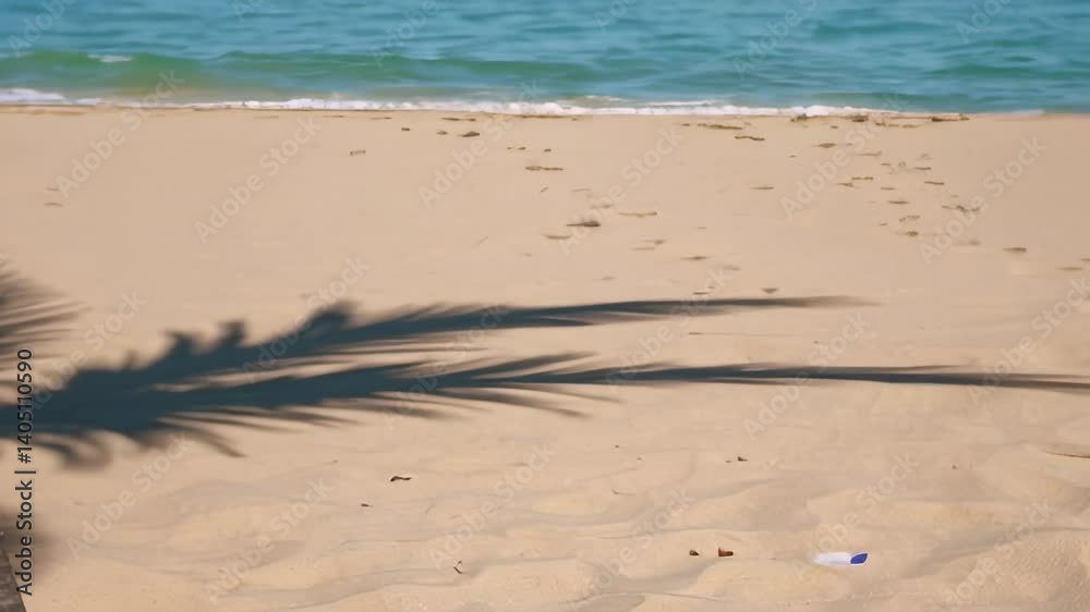 Poster tropical sunlight casts a shifting shadow of a palm tree on a pristine sandy beach, with gentle wave