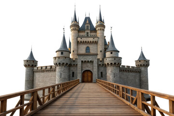 Majestic castle with towers and wooden bridge leading to its grand entrance for fantasy-themed designs