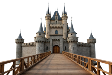 Majestic castle with towers and wooden bridge leading to its grand entrance for fantasy-themed designs