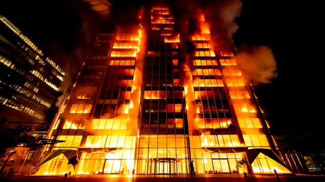 Tall glass building engulfed in flames at night, with billowing black smoke
