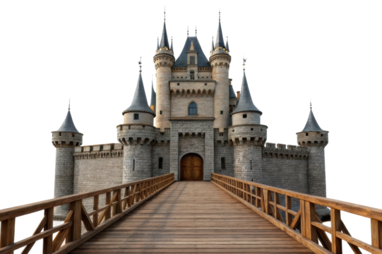 Majestic castle with towers and wooden bridge leading to its grand entrance for fantasy-themed designs