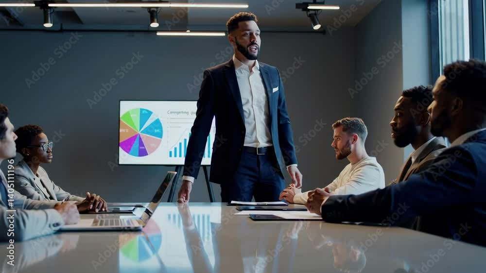 Poster confident business executive presenting strategic data on interactive screen while leading diverse t