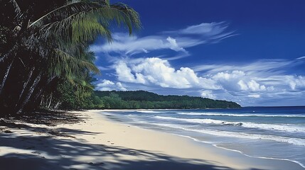 The same tranquil tropical beach scene, now from a different angle, showcasing vast skies and calming sea with copy space