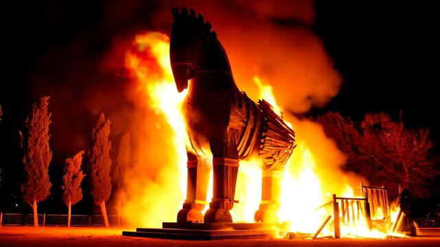 Trojan Horse Replica Set Ablaze at Nighttime Historical Drama