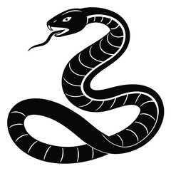 Black and white snake in a simple cartoon style, featuring a cobra silhouette, reptile symbol, and wild nature design