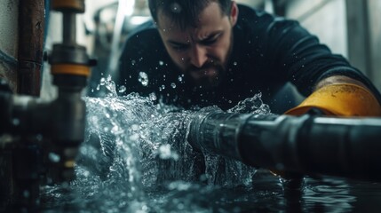 Plumber repairing a burst water pipe in a basement. Featuring plumbing skills and urgent repairs