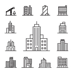 Construction icon set Containing building project skyscraper Simple line vector silhouette White Background.