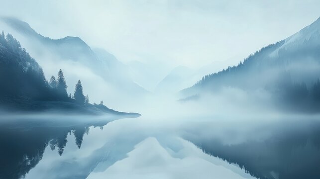 A serene landscape of a lake surrounded by mountains and trees, with a light blue sky and misty atmosphere.