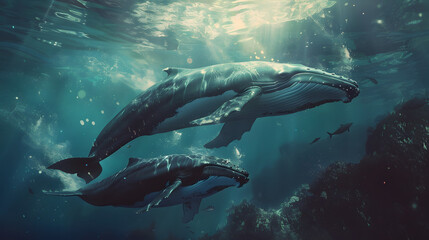 Fototapeta premium Nature's Marvel: Humpback Whales Under Sunlit Seas
