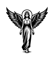 Black and White Vector Graphic of a Serene Angel Figure with Detailed Wings