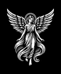 Fototapeta premium Elegant Angel with Wings and Halo in Black and White Engraved Vector Art