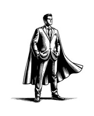 Obraz premium Confident Businessman in Suit and Cape Standing Tall with Hands in Pocket in Engraved Style
