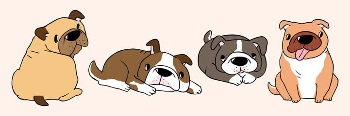 Vector Illustration of Cute Bulldog Characters on Isolated Background. Hand Drawn Vector Illustration.