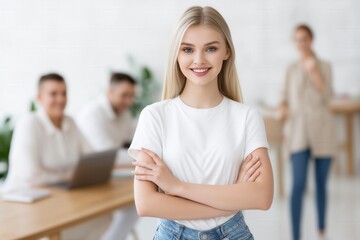 Fototapeta premium Young woman smiling in office. career confidence and youth in workplace
