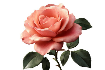 Fototapeta premium rose with detailed pink petals and green leaves, isolated on white background, high resolution, botanical illustration style