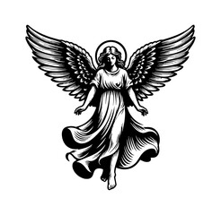 Obraz premium Elegant Angel with Wings and Halo in Detailed Black and White Engraving Style Art