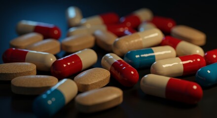 Scattered pills and capsules of different colors on a reflective surface